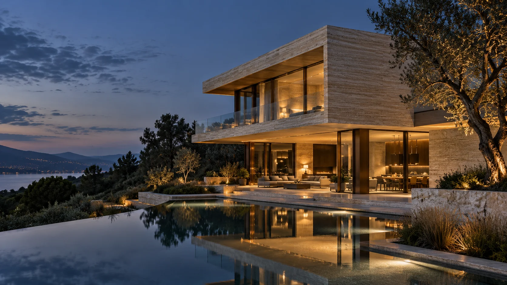 Illustrative contemporary villa visualization at blue hour