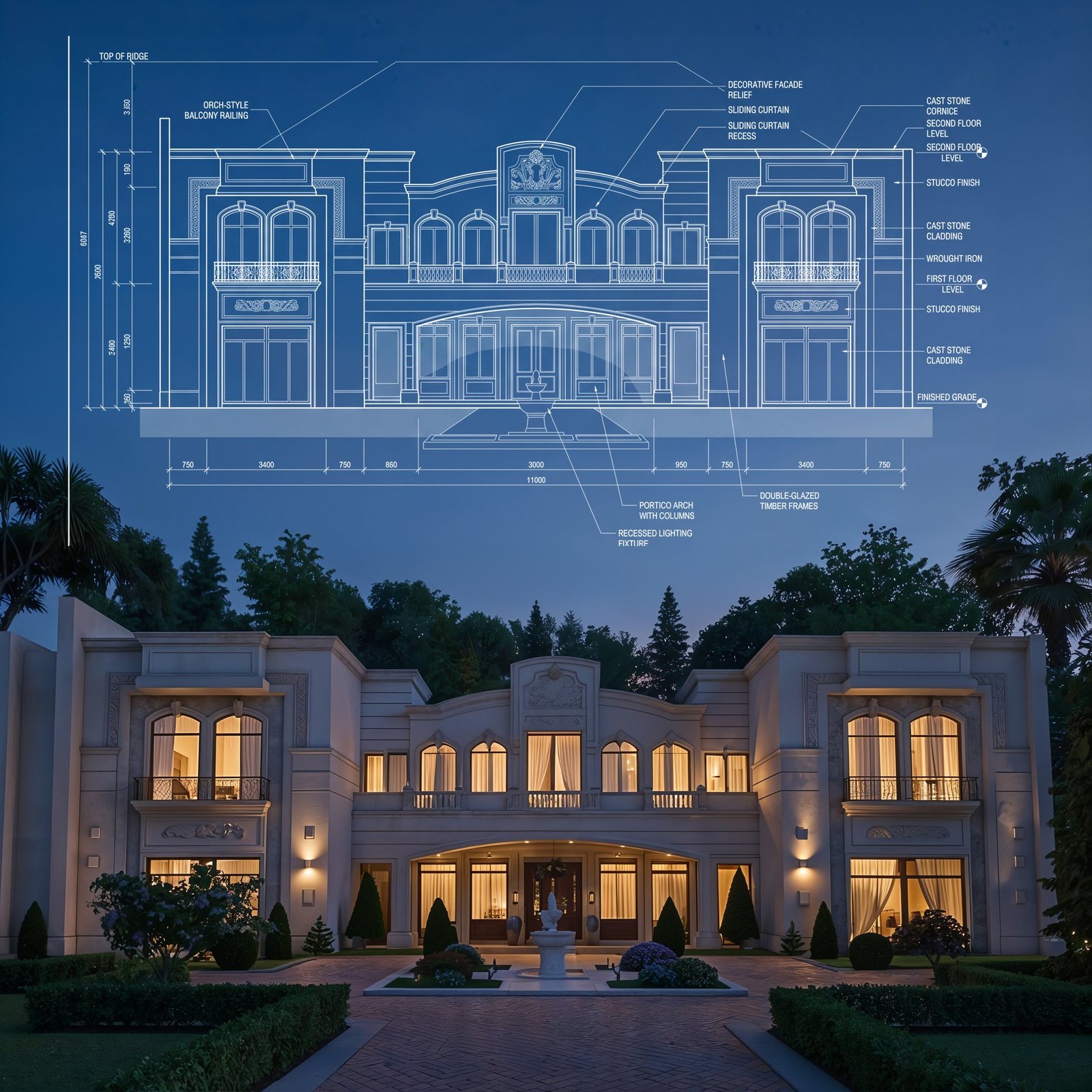 Classical villa front elevation drawing over a dusk render