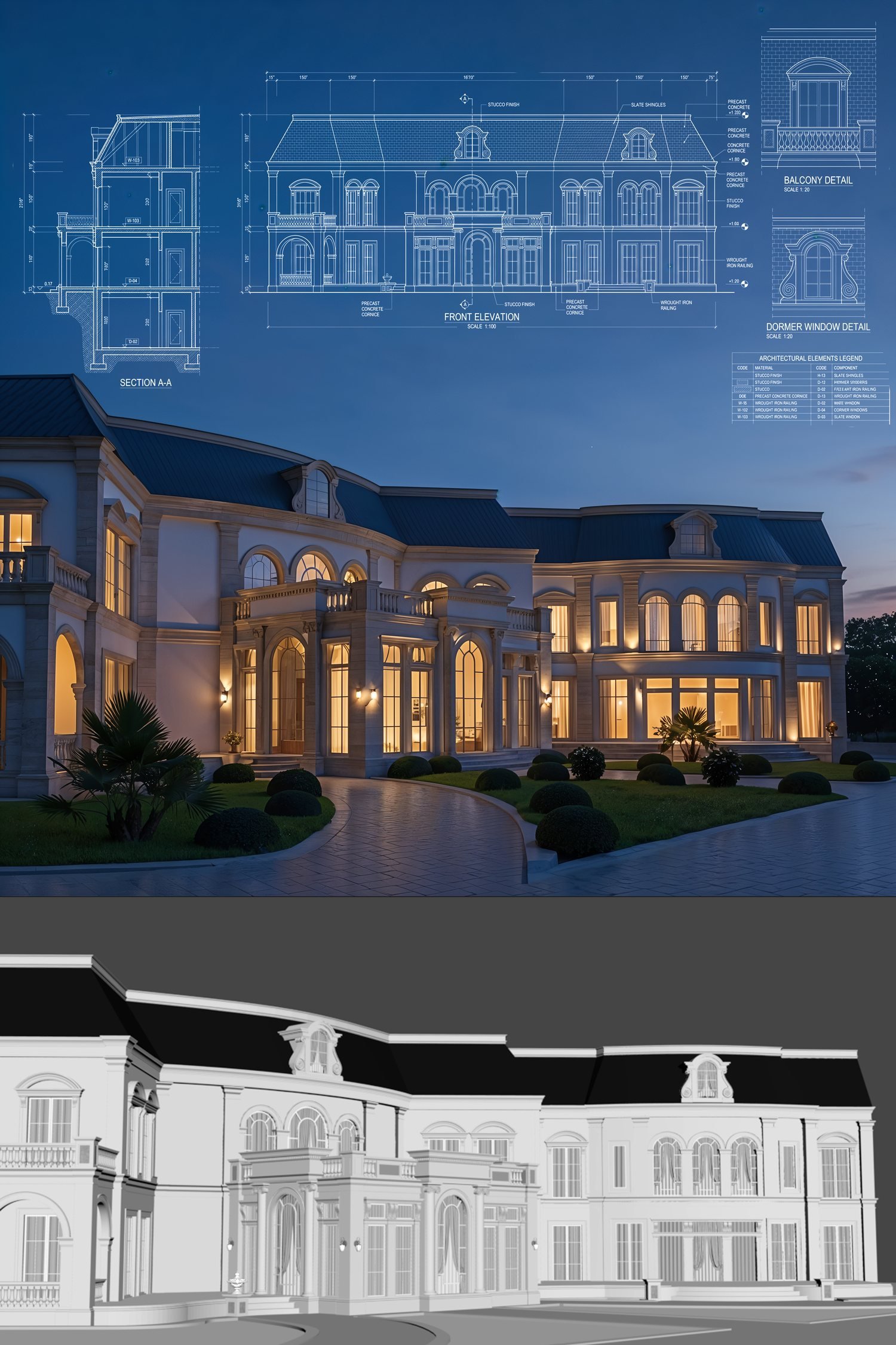 Building section, front elevation, balcony and dormer details with clay render