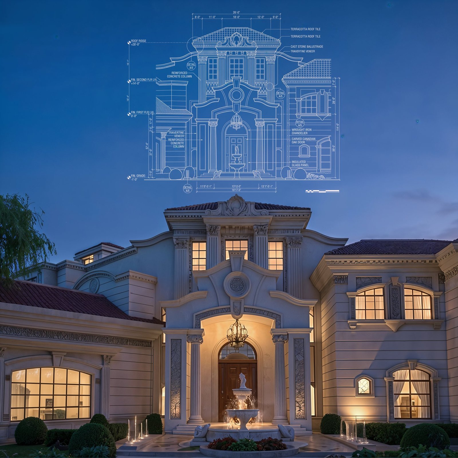 Classical villa entrance render with overlaid technical elevation