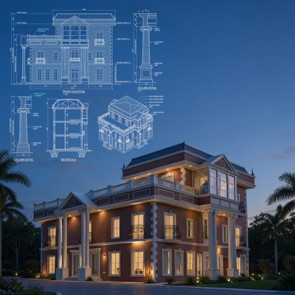 Column detail drawings, section and axonometric over a brick classical building render