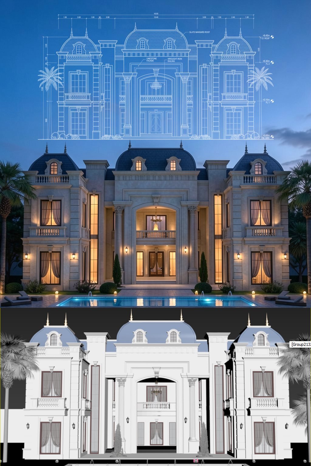 French mansard villa render with elevation drawing and clay pass