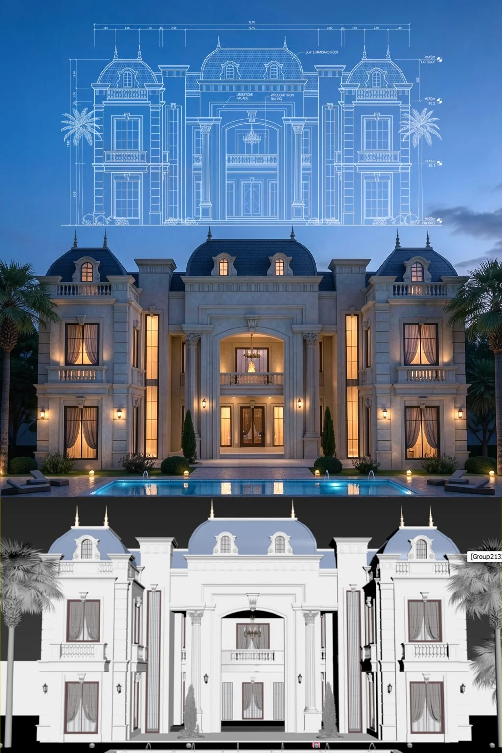 Classical villa shown as a visualization, elevation and clay model